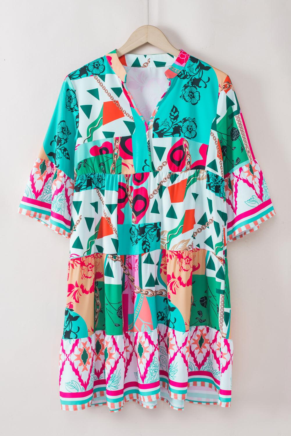 Ronja™ | Robe Mini Abstraite à Manches Mi-longues et Décolleté Notch