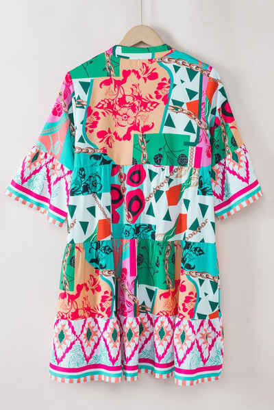 Ronja™ | Robe Mini Abstraite à Manches Mi-longues et Décolleté Notch