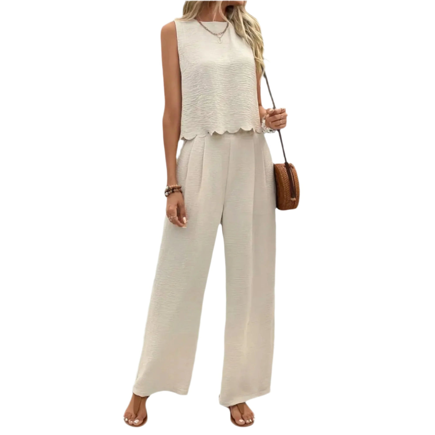 Ensemble été deux pièces chic – Gilet à pétales et pantalon femme