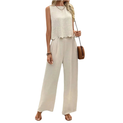 Ensemble été deux pièces chic – Gilet à pétales et pantalon femme