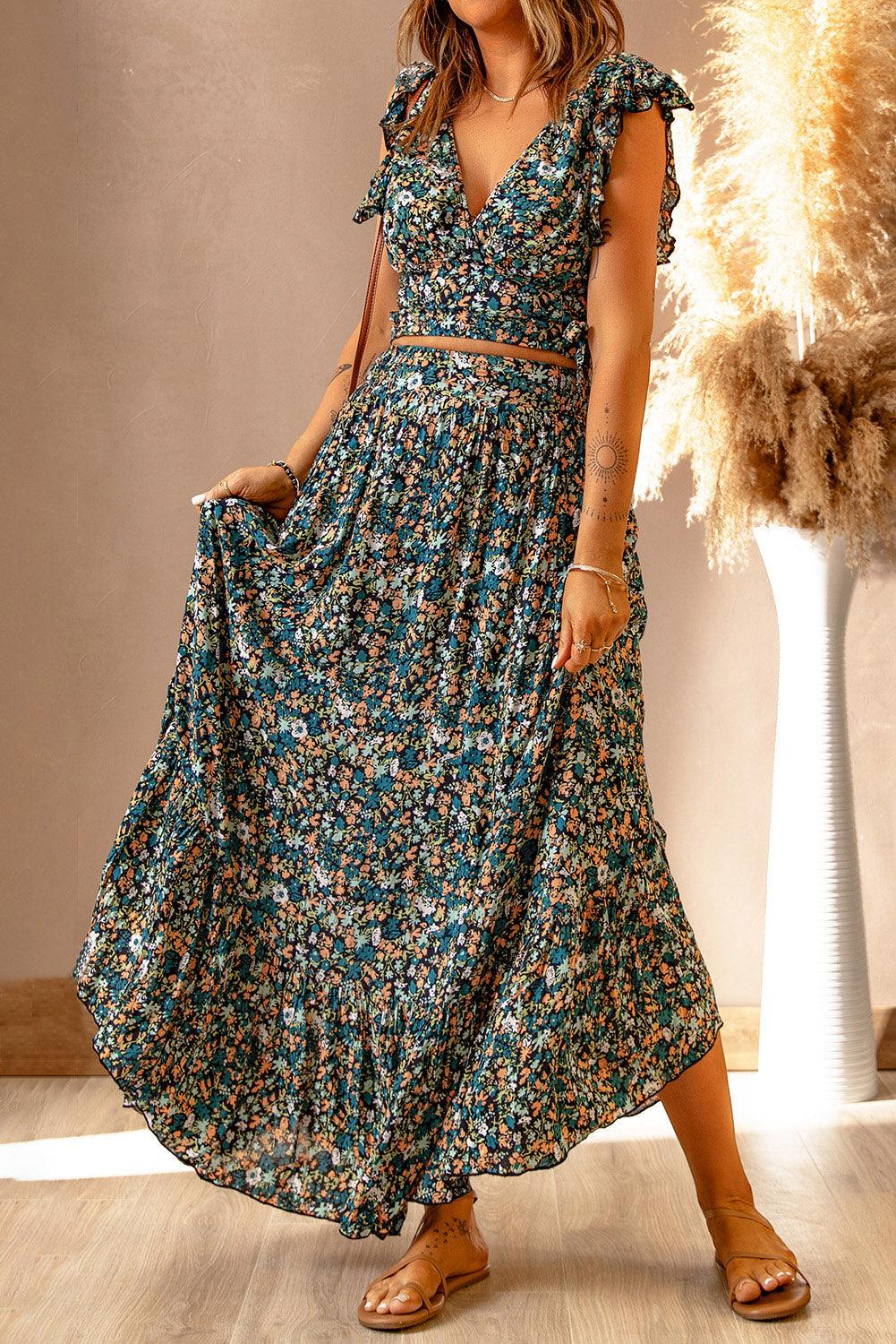 Lea™ | Top Cropped Froncé et Jupe Maxi Fleurie Élégante