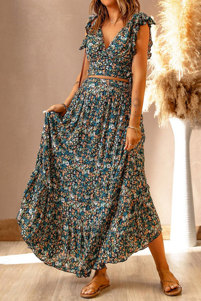 Lea™ | Top Cropped Froncé et Jupe Maxi Fleurie Élégante