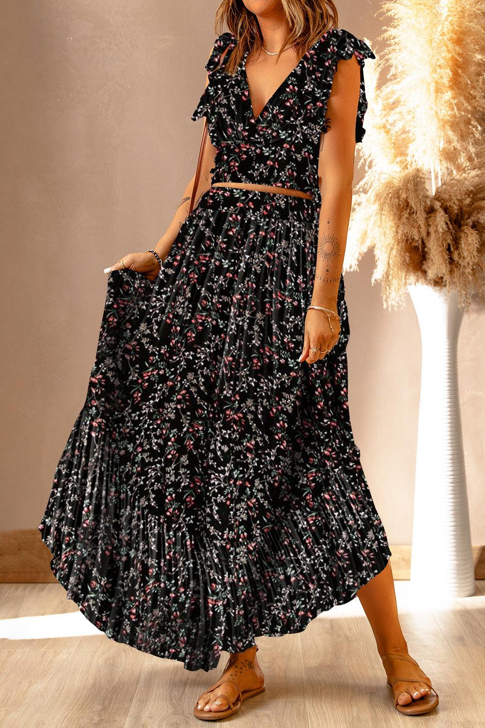 Lea™ | Top Cropped Froncé et Jupe Maxi Fleurie Élégante