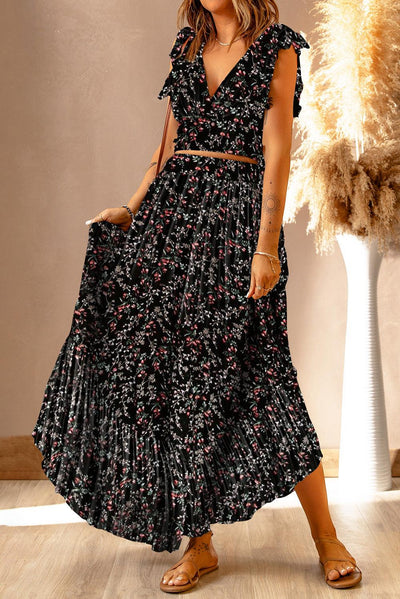 Lea™ | Top Cropped Froncé et Jupe Maxi Fleurie Élégante