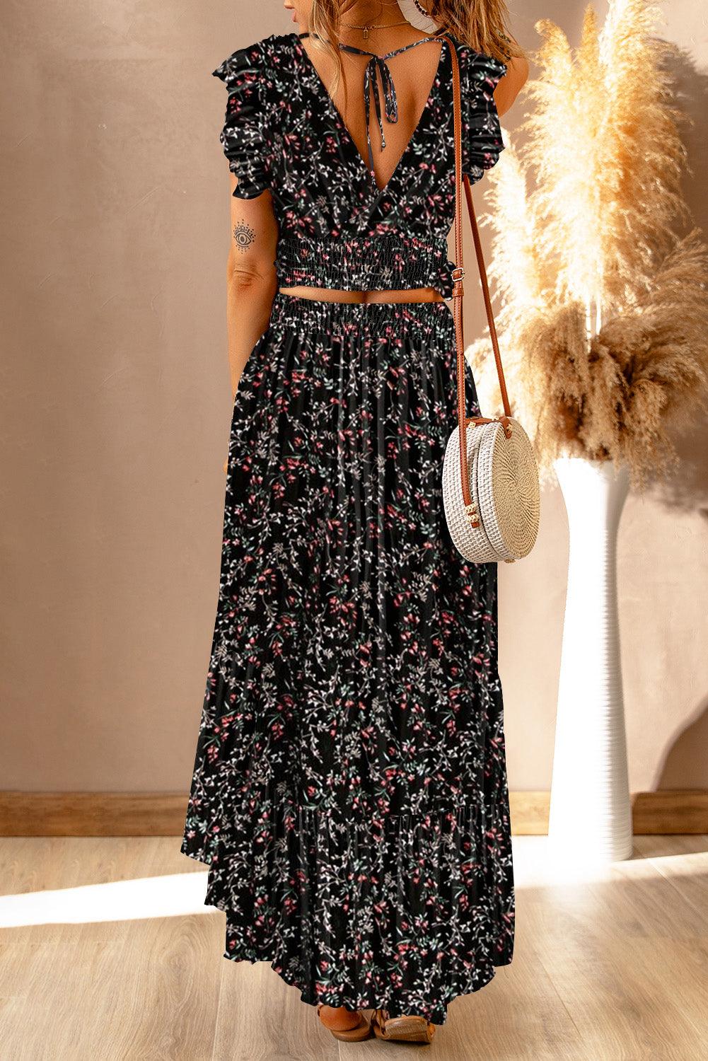 Lea™ | Top Cropped Froncé et Jupe Maxi Fleurie Élégante