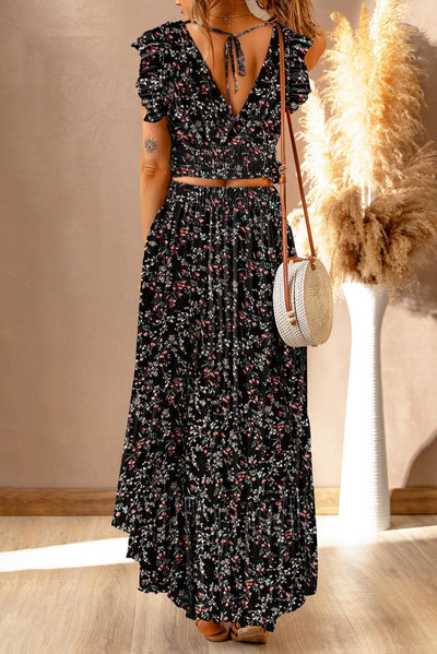 Lea™ | Top Cropped Froncé et Jupe Maxi Fleurie Élégante