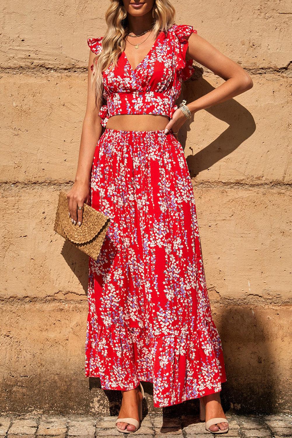 Lea™ | Top Cropped Froncé et Jupe Maxi Fleurie Élégante