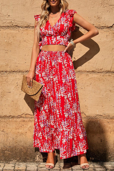 Lea™ | Top Cropped Froncé et Jupe Maxi Fleurie Élégante