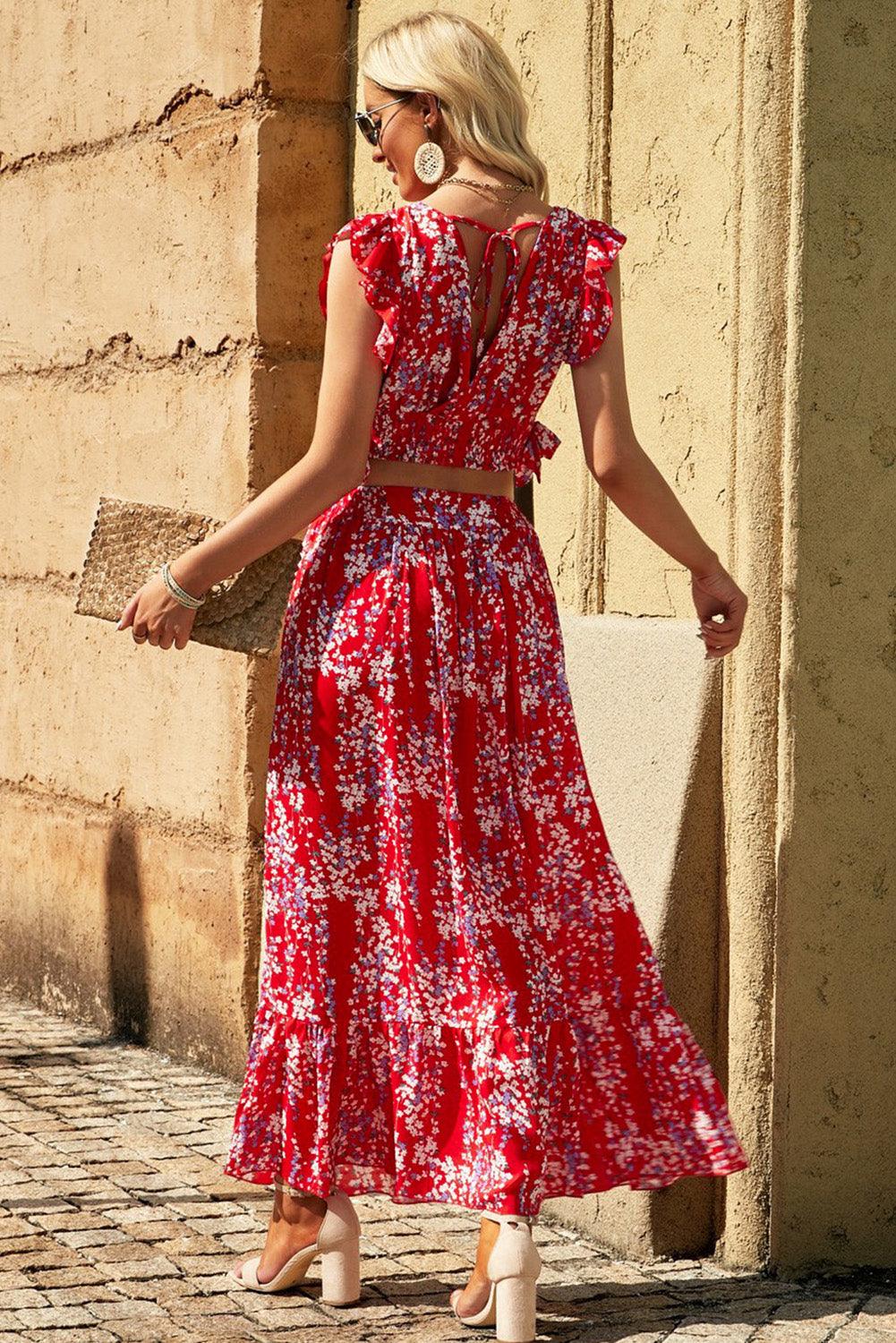 Lea™ | Top Cropped Froncé et Jupe Maxi Fleurie Élégante