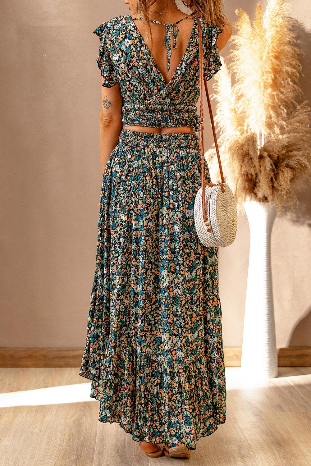 Lea™ | Top Cropped Froncé et Jupe Maxi Fleurie Élégante