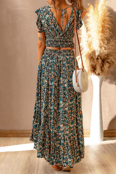 Lea™ | Top Cropped Froncé et Jupe Maxi Fleurie Élégante
