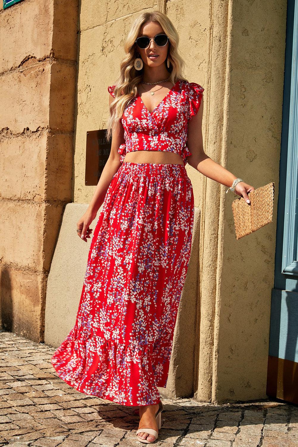 Lea™ | Top Cropped Froncé et Jupe Maxi Fleurie Élégante