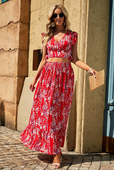 Lea™ | Top Cropped Froncé et Jupe Maxi Fleurie Élégante