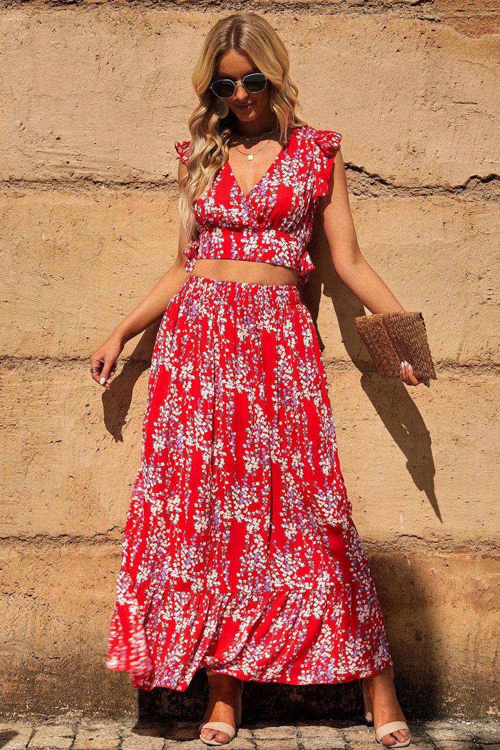 Lea™ | Top Cropped Froncé et Jupe Maxi Fleurie Élégante