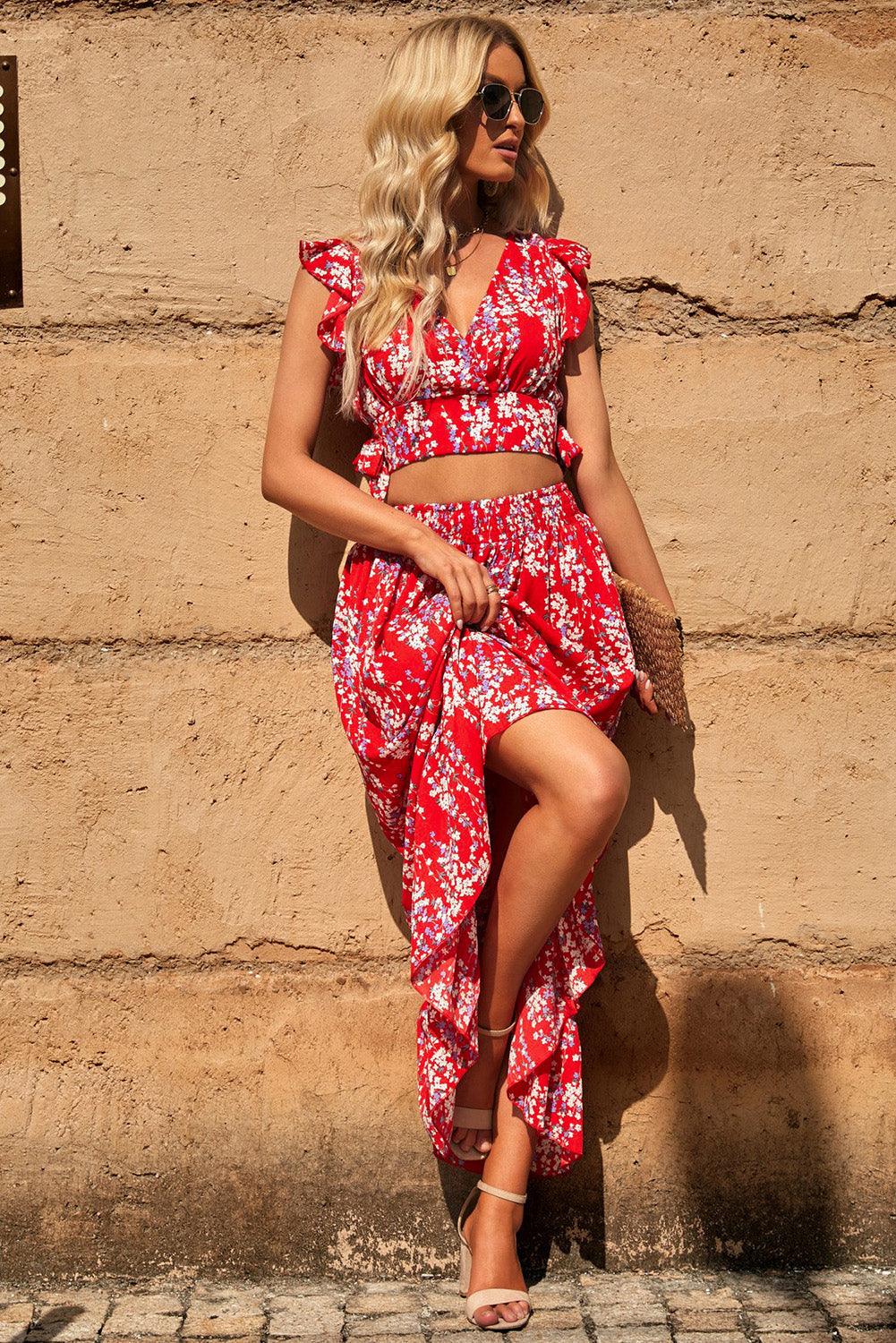 Lea™ | Top Cropped Froncé et Jupe Maxi Fleurie Élégante
