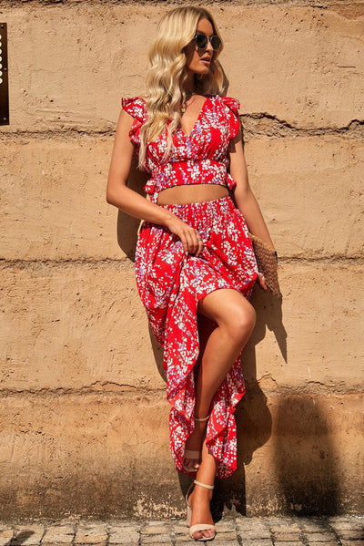 Lea™ | Top Cropped Froncé et Jupe Maxi Fleurie Élégante