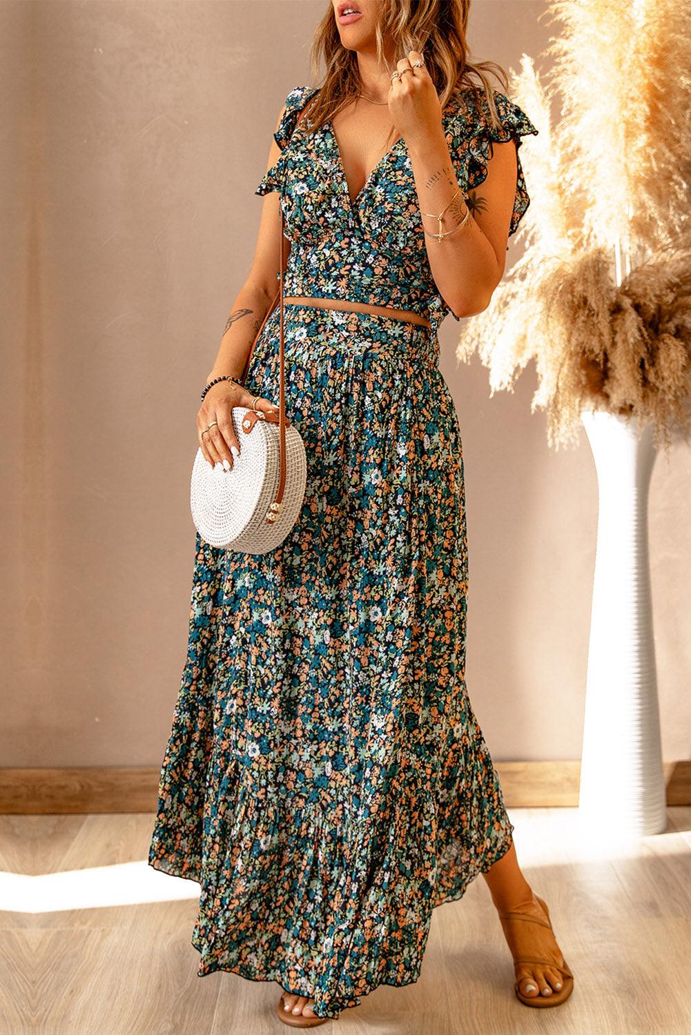 Lea™ | Top Cropped Froncé et Jupe Maxi Fleurie Élégante