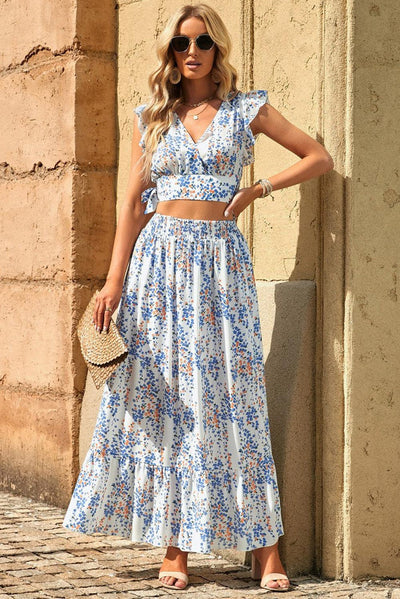 Lea™ | Top Cropped Froncé et Jupe Maxi Fleurie Élégante