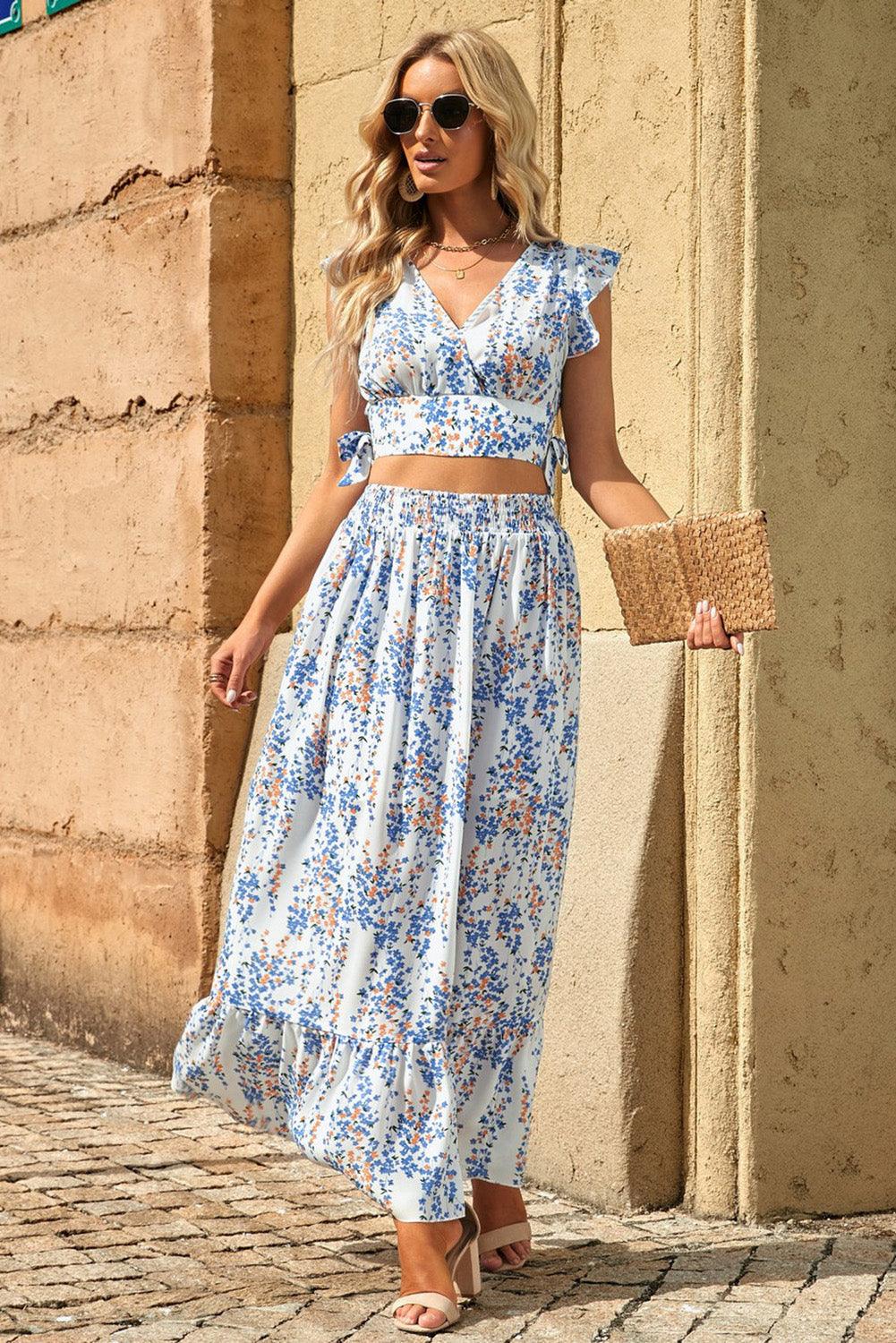 Lea™ | Top Cropped Froncé et Jupe Maxi Fleurie Élégante