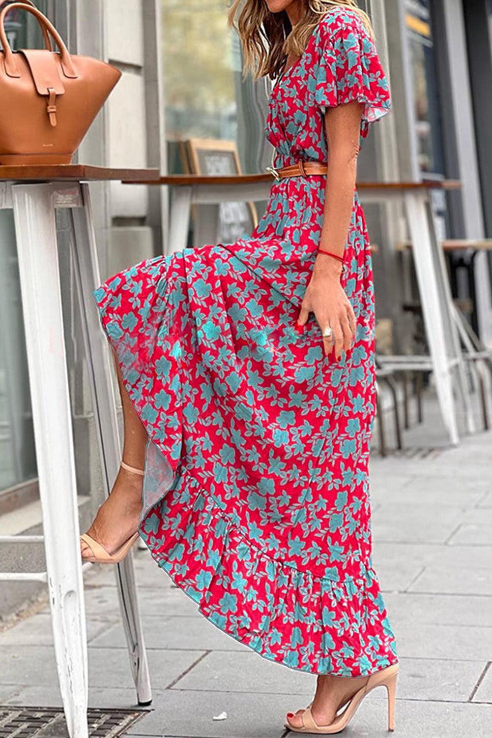Filippa™ |Robe Maxi à col en V avec Fleurs et Plis