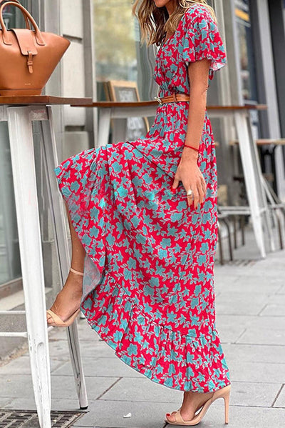 Filippa™ |Robe Maxi à col en V avec Fleurs et Plis